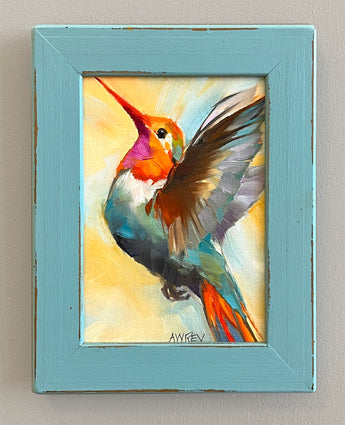 Aqua Hummingbird framed oil painting
