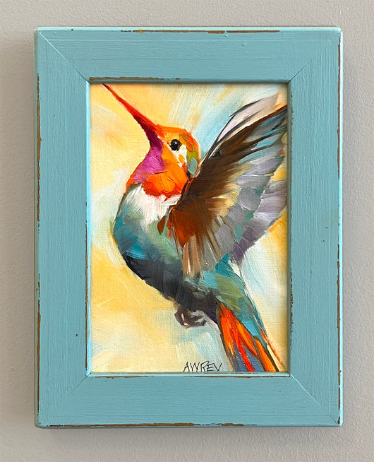 Aqua Hummingbird framed oil painting