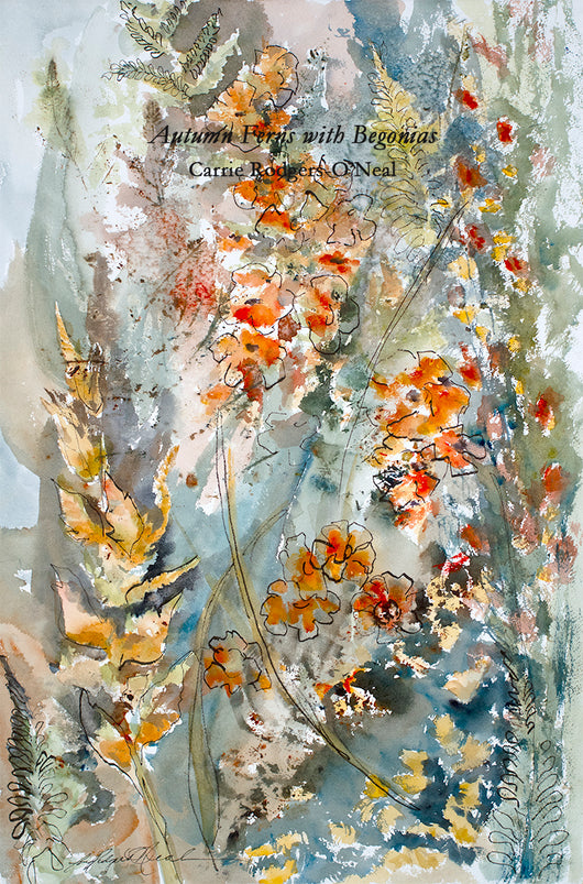 Autumn Ferns with Begonias watercolor painting