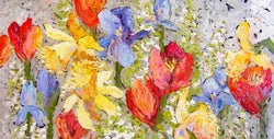 Colorful Tulips, Iris, Daffodil Blooms Oil Painting