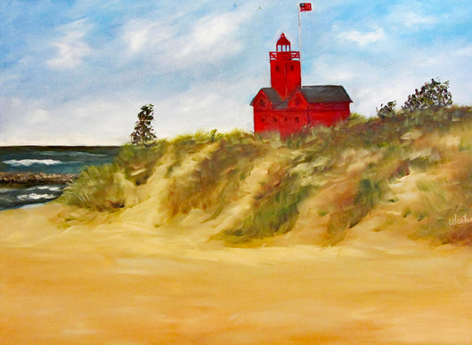 Big Red Lighthouse Over the Dunes Oil Painting
