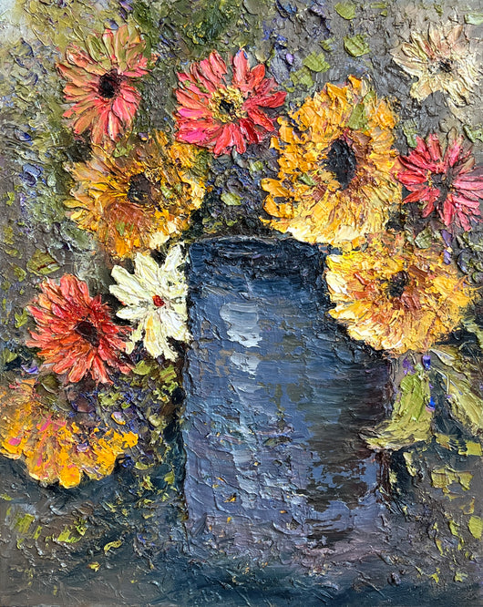 Sunflowers and Zinnias oil painting