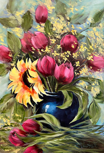 Tulips and a Sunflower oil painting