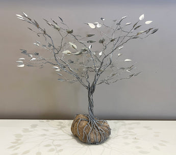 Deeply Rooted Tree with Silver Leaves metal sculpture