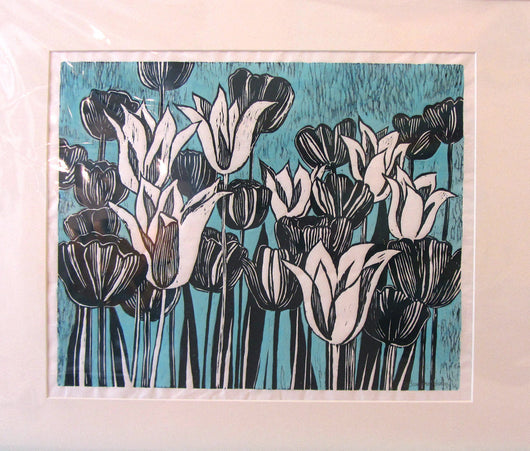 Black And White Blooms Blue Linocut