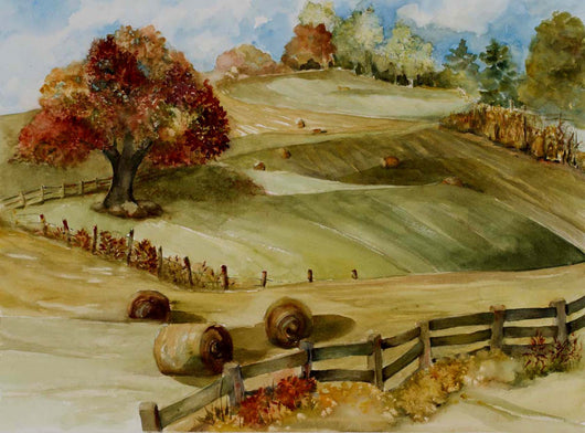 Rolling Patchwork Pastures Watercolor Painting