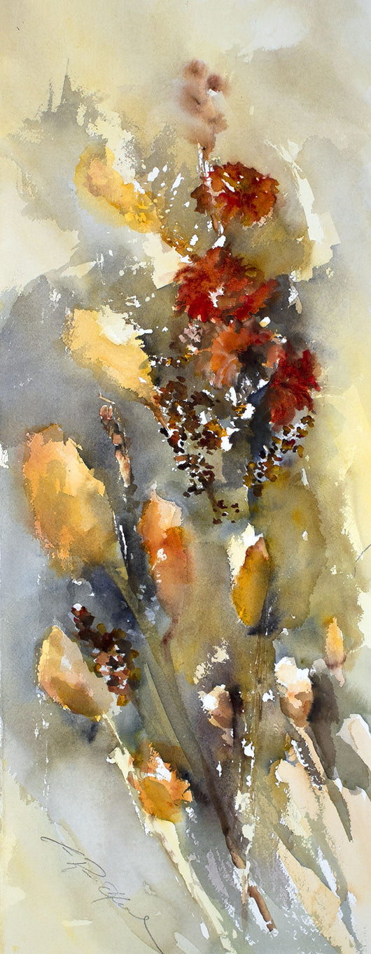 Windblown Cat Tails Watercolor Painting