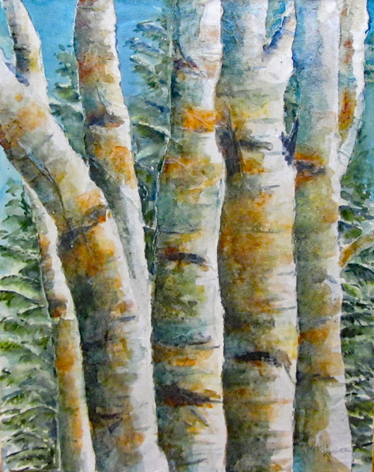 Winter Birches II Watercolor Painting on Cradleboard