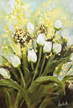 White Tulips and Forsythia Oil Painting