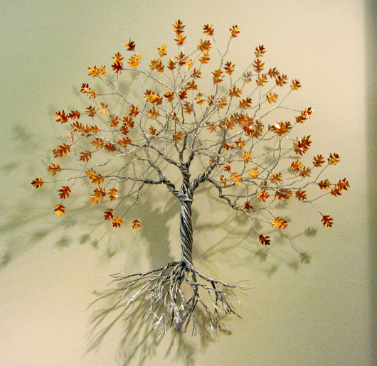 Twisted Silver Tree With Copper Oak Leaves