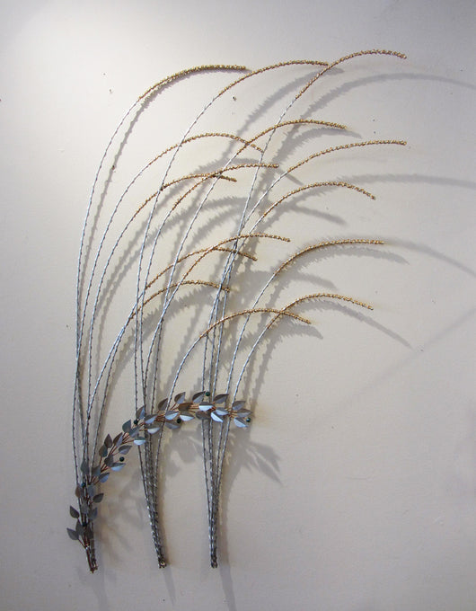 Wire Wrapped Grass with Copper Buds, Silver Leaves and Berries